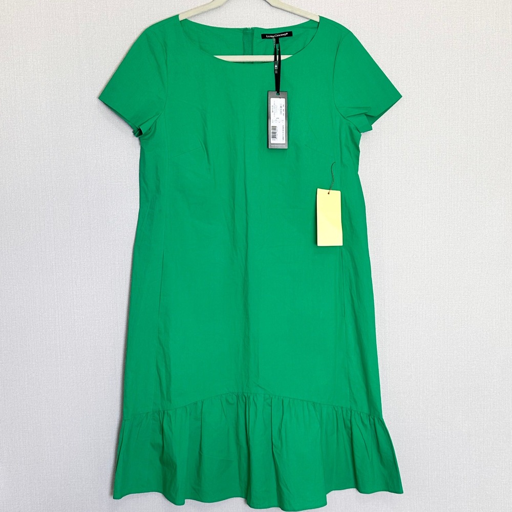 Luisa Cerano Green Shift Dress Ruffle Hem Minimalist Midi Size 8 New